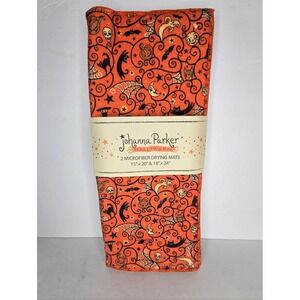 Johanna Parker Orange Halloween Microfiber Dish Drying Mat Retro Bats Pumpkins